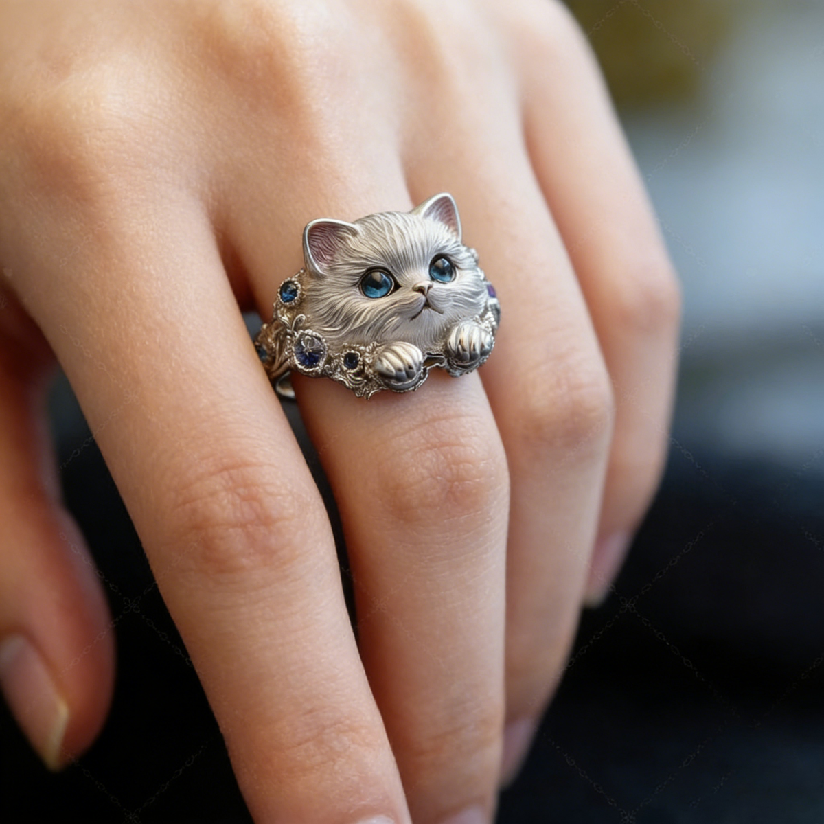 🎁😍 2 artículos por 28 euros: sencillo y elegante anillo de gatito de plata 925 con diamantes.