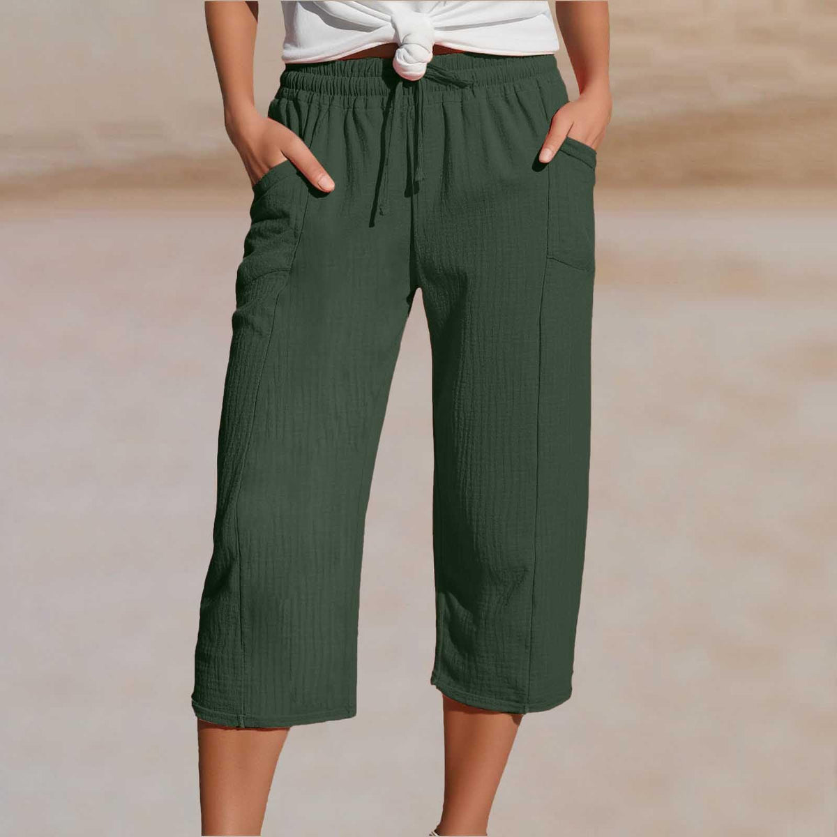 💖👖👖Ženske enobarvne kapri hlače z naborki iz bombaža in lana - hladne in zračne, laskajo obliki nog, elegantne in ležerne