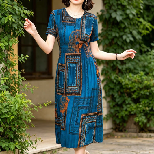 💥【S-6XL】 Poletna vintage potiskana obleka z okroglim izrezom — lahka in zračna, za hujšanje in laskajočo postavo, vsestranska in enostavna za nošenje.
