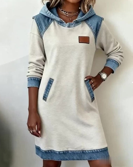 š·šćSā3XLćZimska jeans patchwork obleka s kapuco Ā· Udobna Ā· Modna za vsak dan