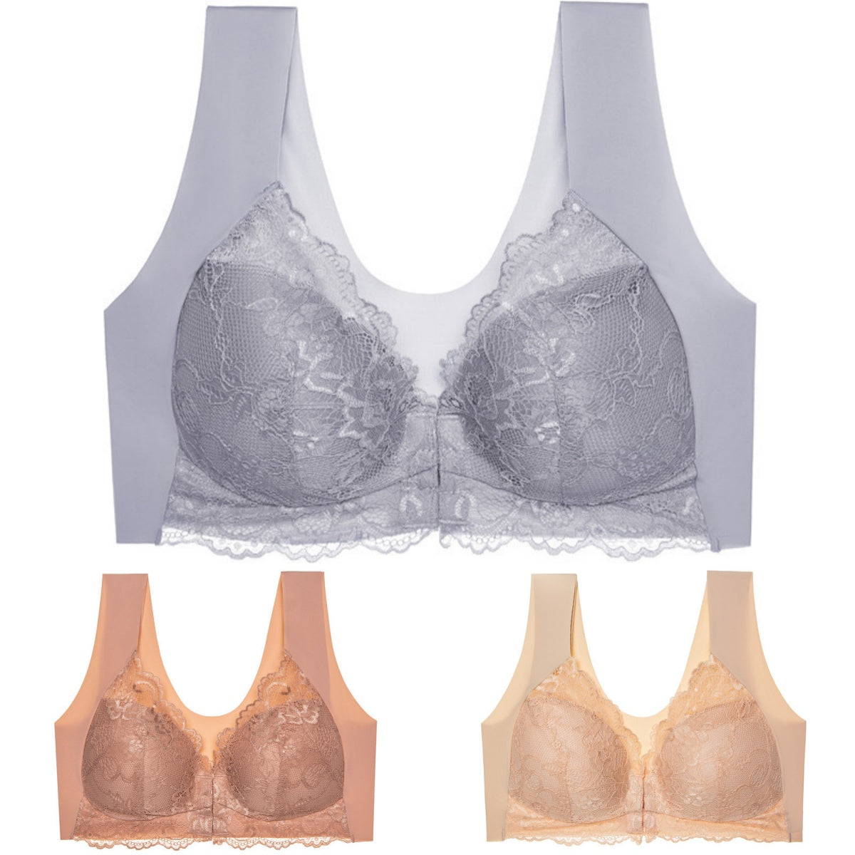 ✨👙【3 kosov】Brezžični poletni nedrček z zapiranjem spredaj večje velikosti – elegantna čipka