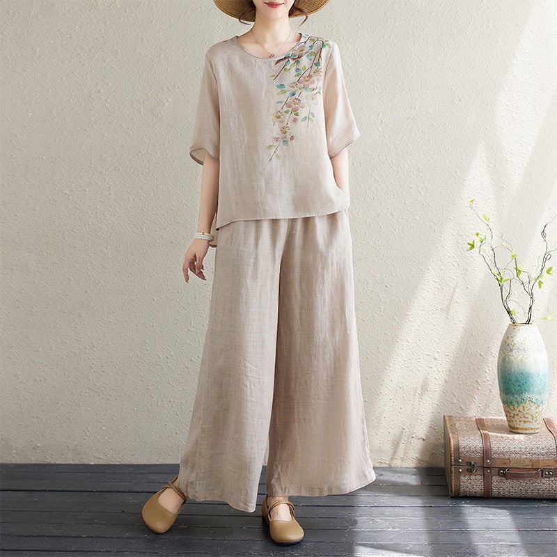 ✨👚【S–4XL】Damski zestaw dwuczęściowy w stylu casual z bawełny i lnu — Top z kołnierzykiem we wzory + Spodnie z szerokimi nogawkami