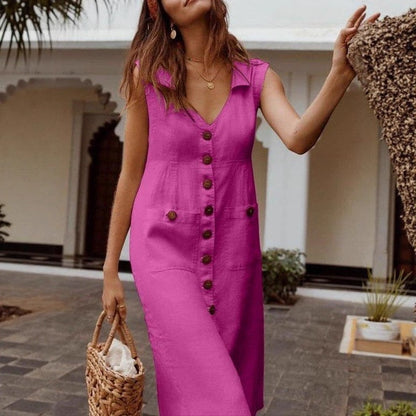 💥【S-5XL】Vestido de lino para mujer, cierre de botones, con bolsillos.