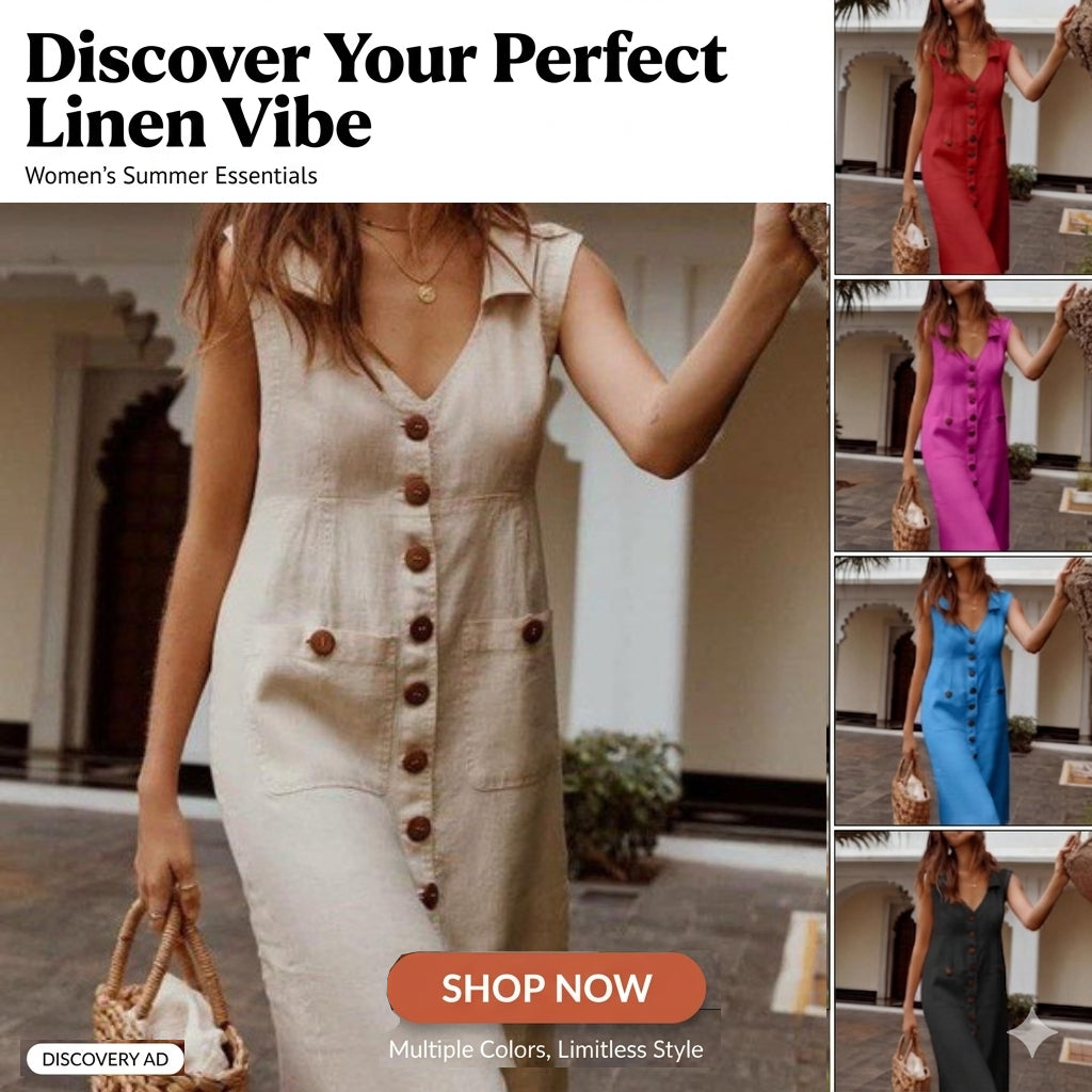 💥【S-5XL】Vestido de lino para mujer, cierre de botones, con bolsillos.