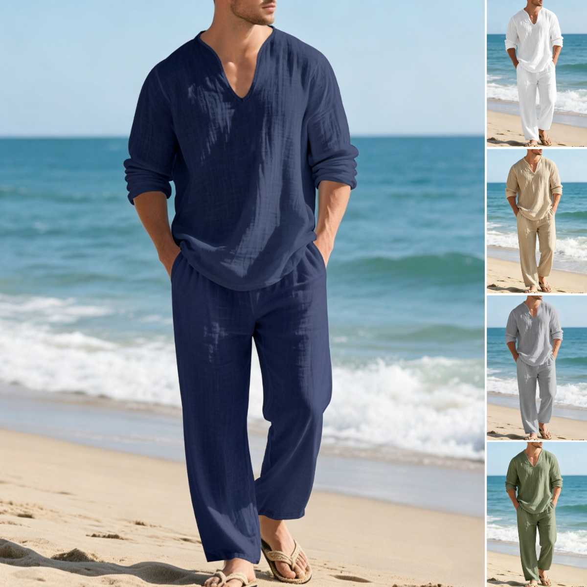 🌴50% popust🔥【Top + hlače】Moška sproščena lanena obleka z ohlapnim krojem in V-izrezom za na plažo. ✅️Plačilo ob dostavi