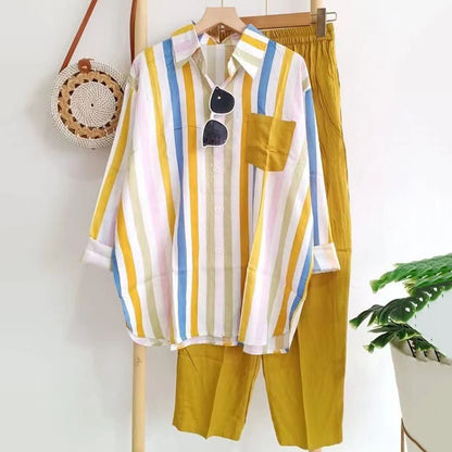 🔥🌸【S-5XL】Nowy wiosenny komplet w paski, dwuczęściowy komplet z długimi rękawami i spodniami.