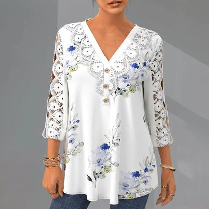 🔥【M–5XL】Elegantna bluza iz čipke in šifona – izrez, 3/4 rokavi in V-izrez