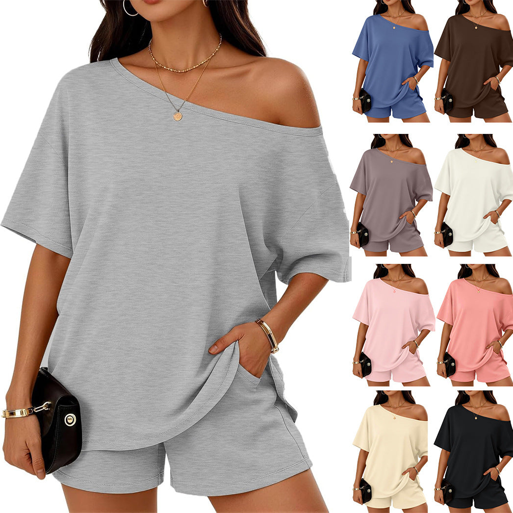 🔥 Pago contra entrega ✅️【40-100 kg】Conjunto casual y moderno para mujer: top de cuello asimétrico y shorts