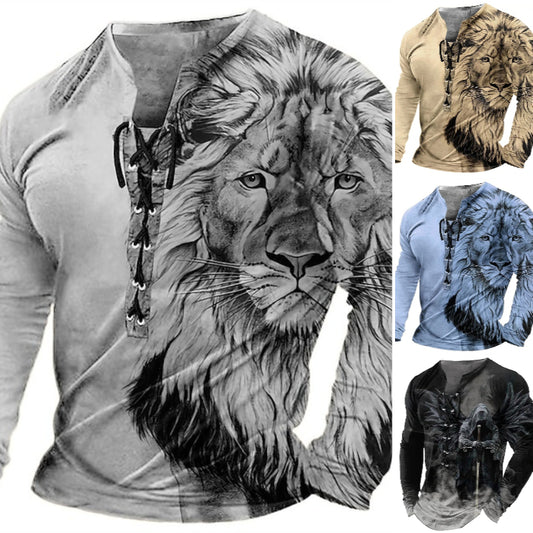🦁🦁【S-4XL】 Moška 3D natisnjena casual levja majica Dolgi rokavi za udobje