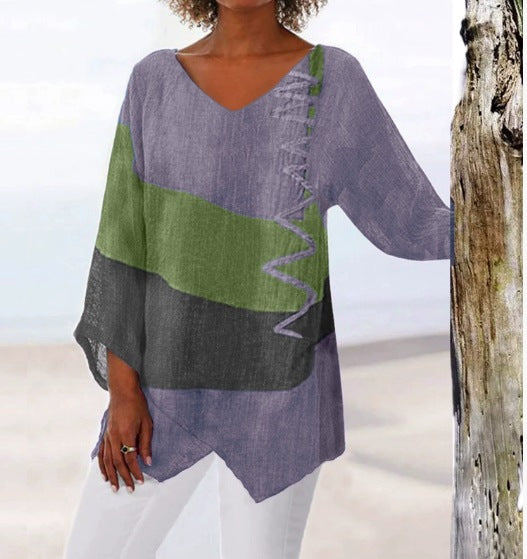 ⏳ Zadnji dan – 50% popust 😍【S~5XL】Ženski eleganten casual top: V-izrez, dolgi rokavi, umetniški vzorec