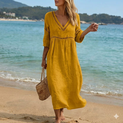 👗【S-3XL】Poletna modna bombažno-lanena obleka z V-izrezom, zračna, udobna in vitka