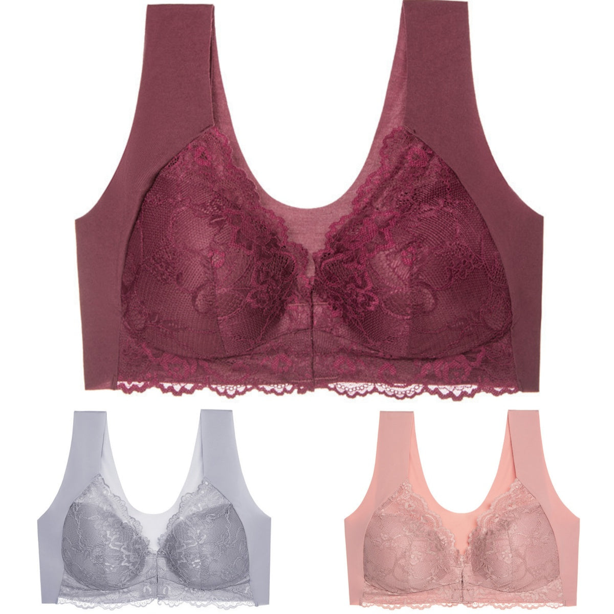 ✨👙【3 kosov】Brezžični poletni nedrček z zapiranjem spredaj večje velikosti – elegantna čipka