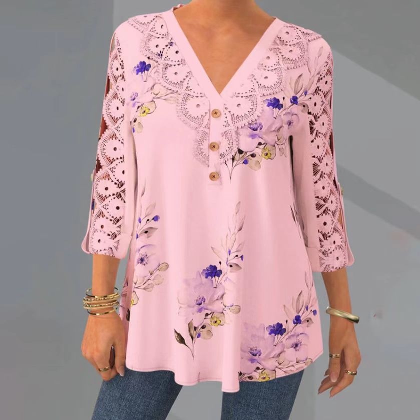 🔥【M–5XL】Elegantna bluza iz čipke in šifona – izrez, 3/4 rokavi in V-izrez