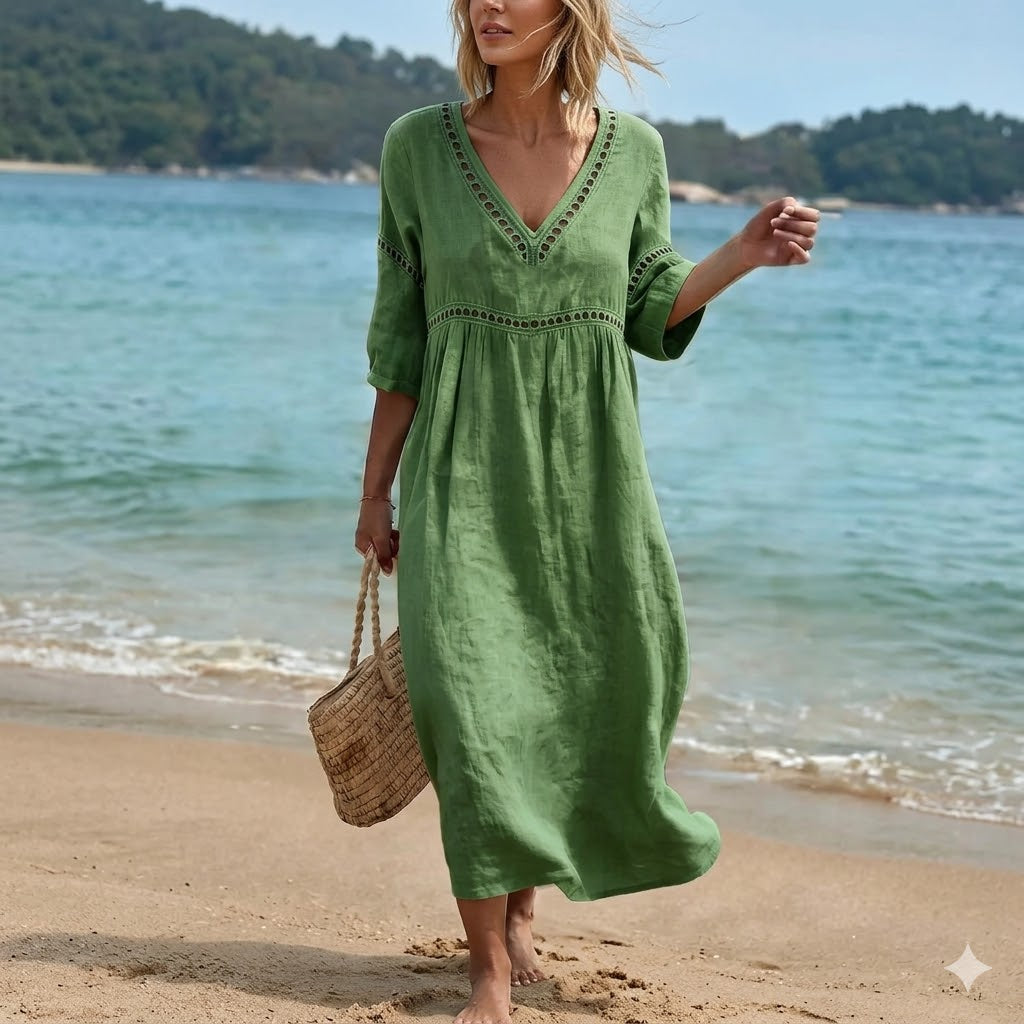 👗【S-3XL】Poletna modna bombažno-lanena obleka z V-izrezom, zračna, udobna in vitka
