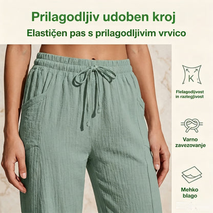 💖👖👖Ženske enobarvne kapri hlače z naborki iz bombaža in lana - hladne in zračne, laskajo obliki nog, elegantne in ležerne