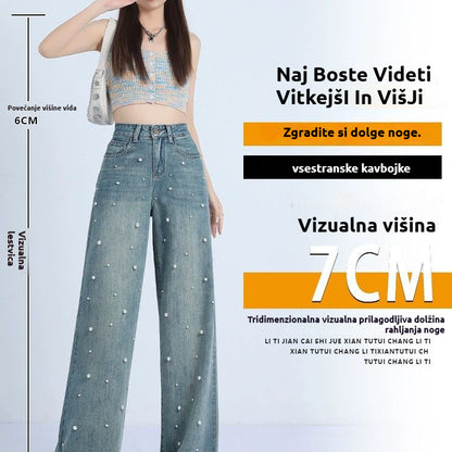 🥇Ženske ravne kavbojke z biseri, ohlapen kroj, modne in elegantne