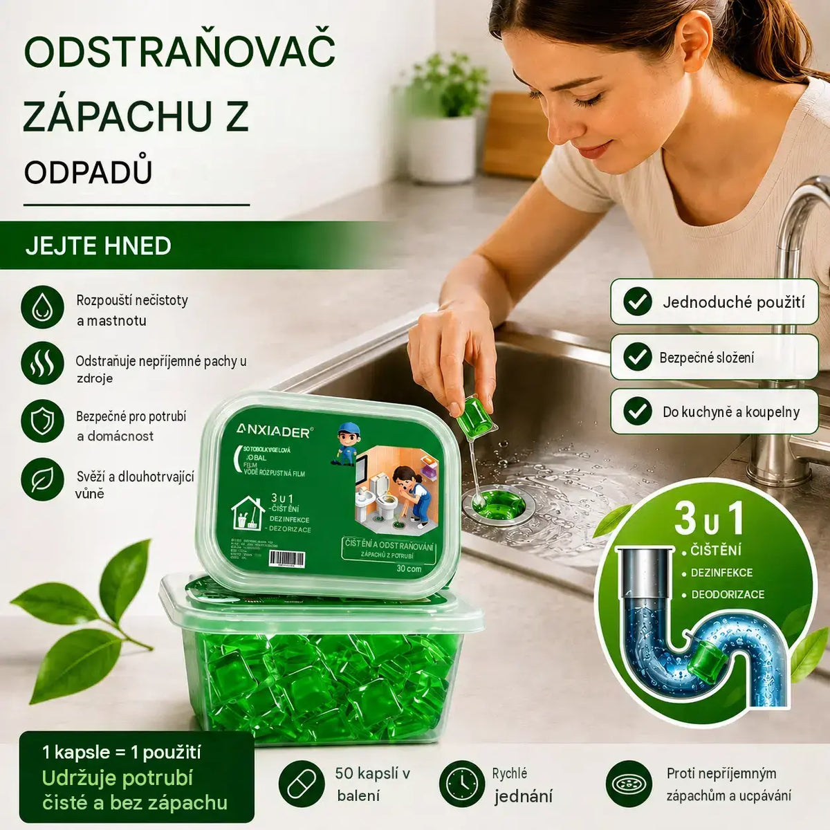 Ve vodě rozpustné kapsle pro odstranění nepříjemných pachů z odpadů - dokonalé řešení pro prevenci šíření nepříjemných pachů v koupelnách a kuchyních.