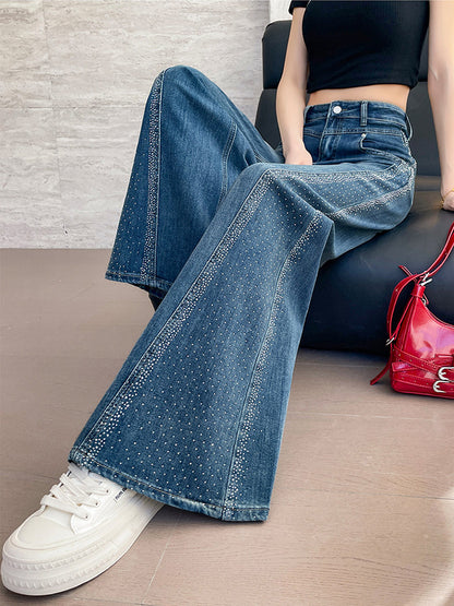 🌼【Specjalna oferta wiosenna】✨Damskie jeansy z szerokimi nogawkami i ćwiekami ze strasu