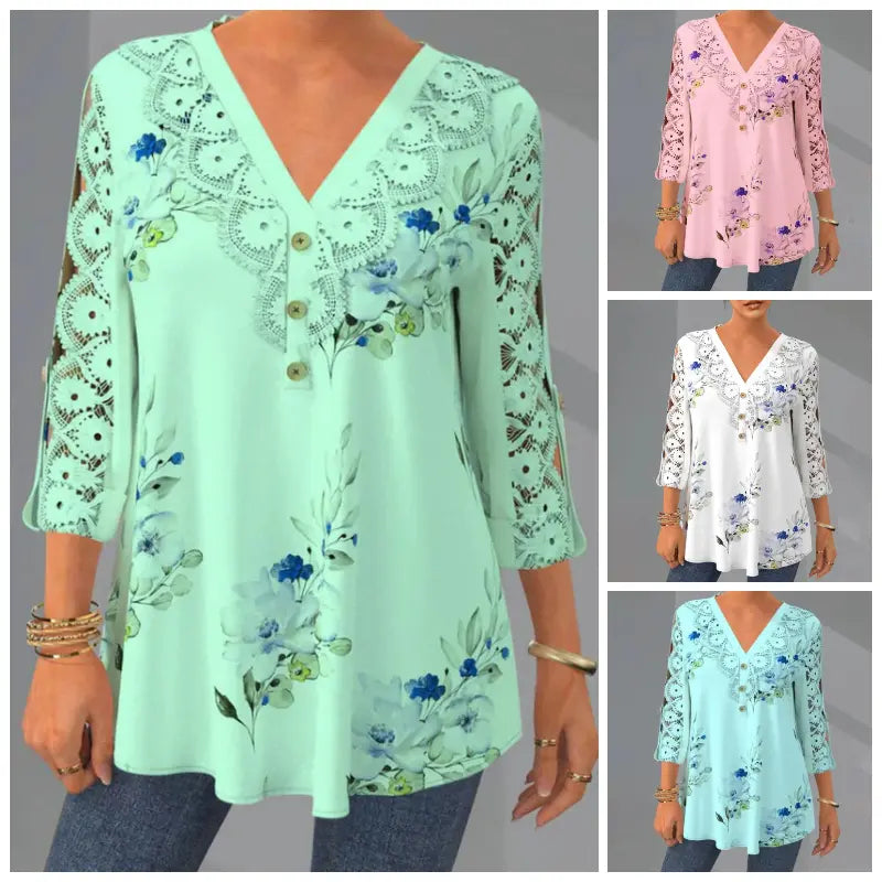 🔥【M–5XL】Elegantna bluza iz čipke in šifona – izrez, 3/4 rokavi in V-izrez