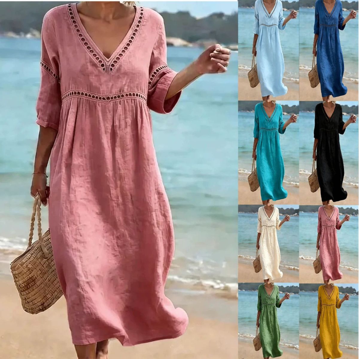 👗【S-3XL】Poletna modna bombažno-lanena obleka z V-izrezom, zračna, udobna in vitka