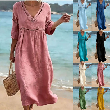 👗【S-3XL】Poletna modna bombažno-lanena obleka z V-izrezom, zračna, udobna in vitka