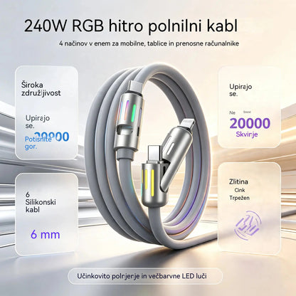 🔥 【2 kosa za 22 evrov】 🔥 (dolžina 2 metra) 4-v-1 kabel PD 240 W – hitro polnjenje USB‑C, Lightning in USB‑A, aluminij in silikon, sinhronizacija podatkov ⚡📱