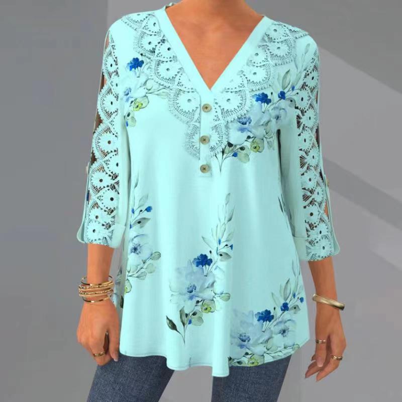 🔥【M–5XL】Elegantna bluza iz čipke in šifona – izrez, 3/4 rokavi in V-izrez