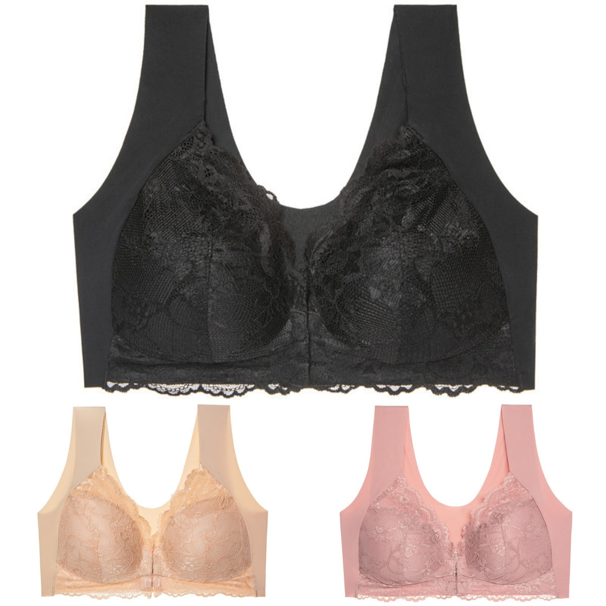 ✨👙【3 kosov】Brezžični poletni nedrček z zapiranjem spredaj večje velikosti – elegantna čipka