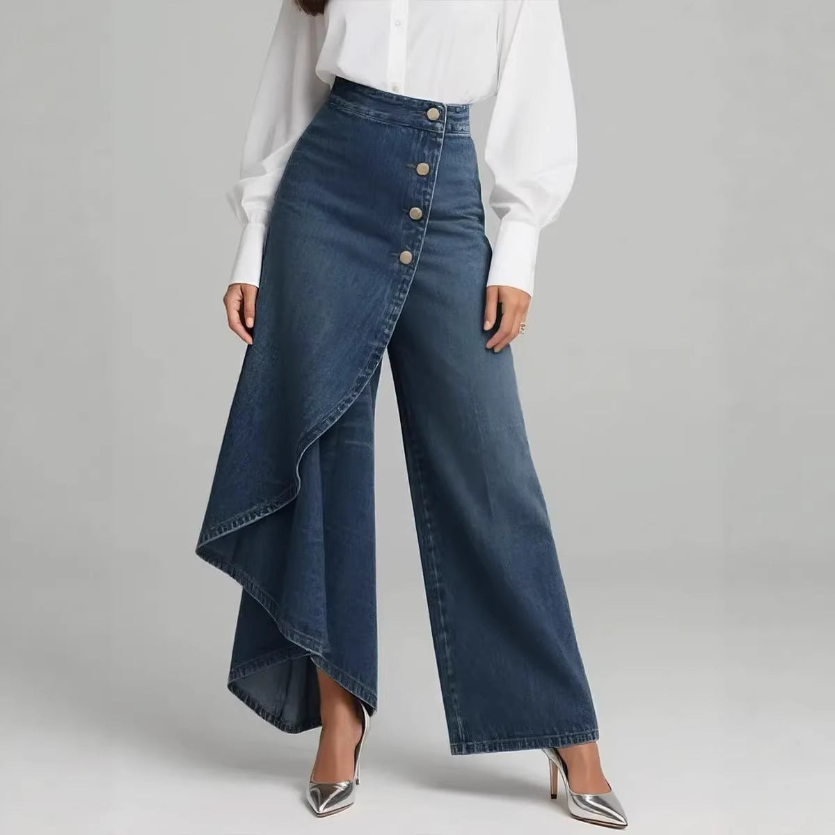 🥇 Vaqueros de cintura alta y pernera ancha para mujer, ajuste holgado con diseño elegante