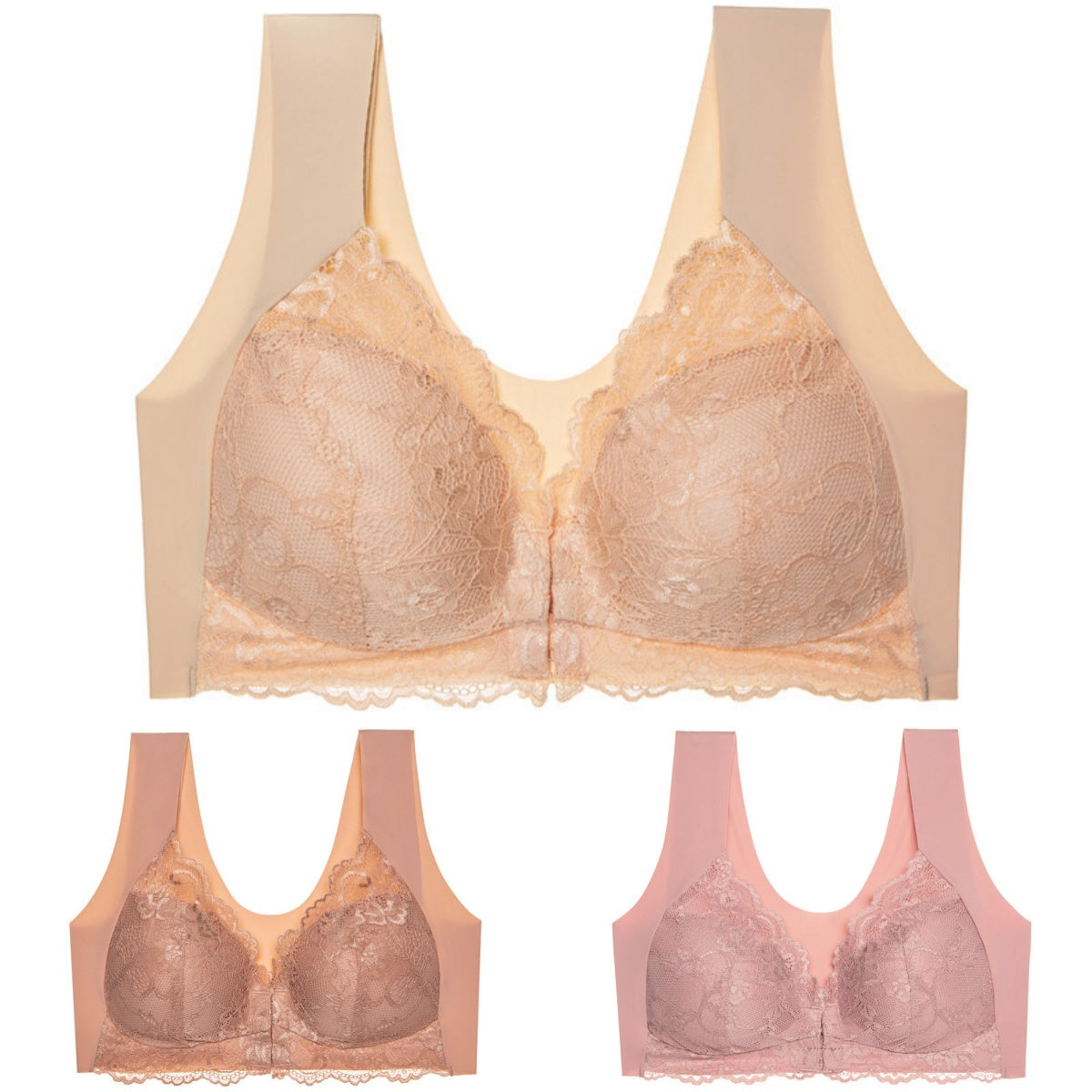 ✨👙【3 kosov】Brezžični poletni nedrček z zapiranjem spredaj večje velikosti – elegantna čipka