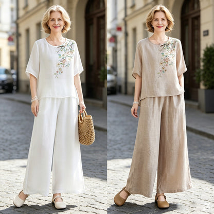 ✨👚【S–4XL】Damski zestaw dwuczęściowy w stylu casual z bawełny i lnu — Top z kołnierzykiem we wzory + Spodnie z szerokimi nogawkami