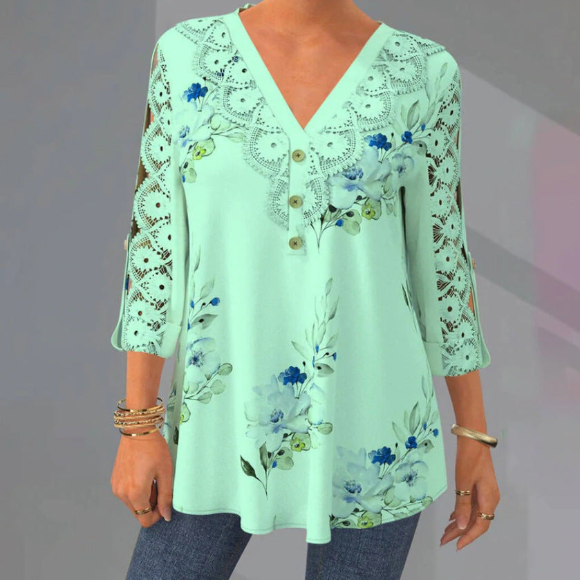 🔥【M–5XL】Elegantna bluza iz čipke in šifona – izrez, 3/4 rokavi in V-izrez