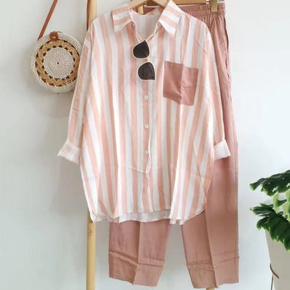 🔥🌸【S-5XL】Nowy wiosenny komplet w paski, dwuczęściowy komplet z długimi rękawami i spodniami.