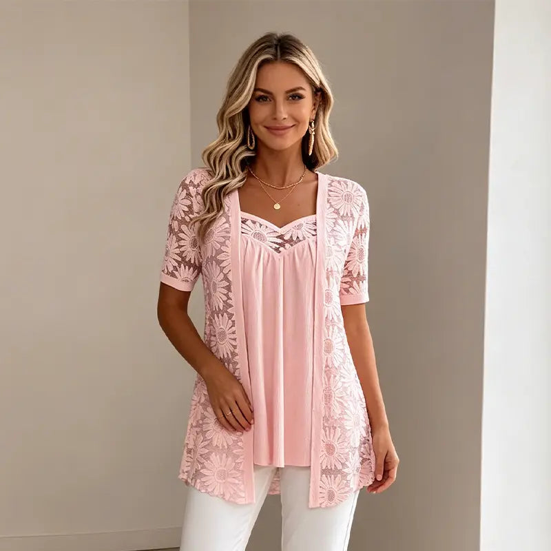 👚 Elegantne bluze z učinkom 2 v 1 s čipko in mrežico – dizajn proti trebuščku za vitko postavo, 5 barv, velikosti S–4XL! 🌸✨