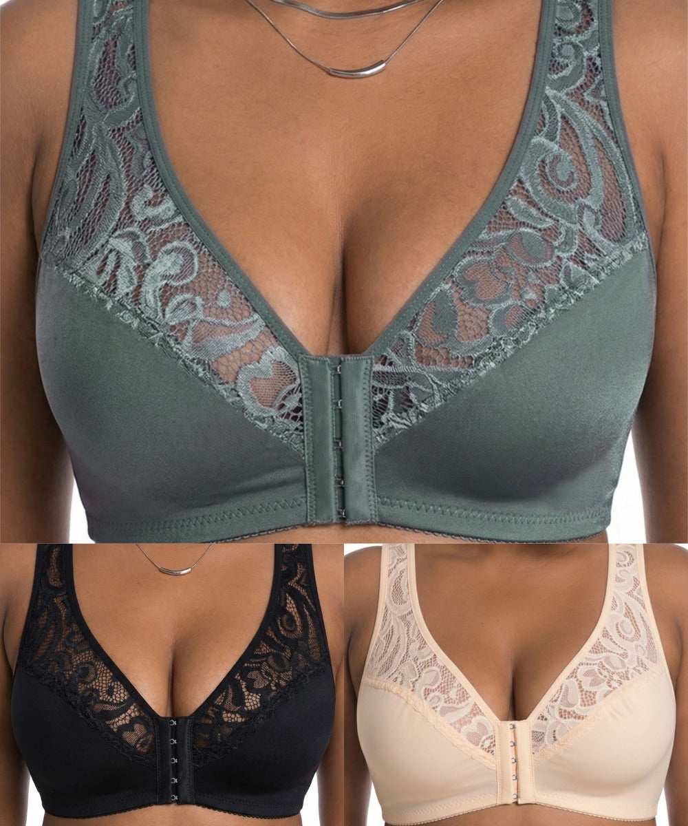 💖Najnižja cena doslej【Komplet 3 kosov】【L-4XL】😍🩲Modrček push-up za večje velikosti, čudovita čipka, push-up in izdolben dizajn, zapenjanje spredaj