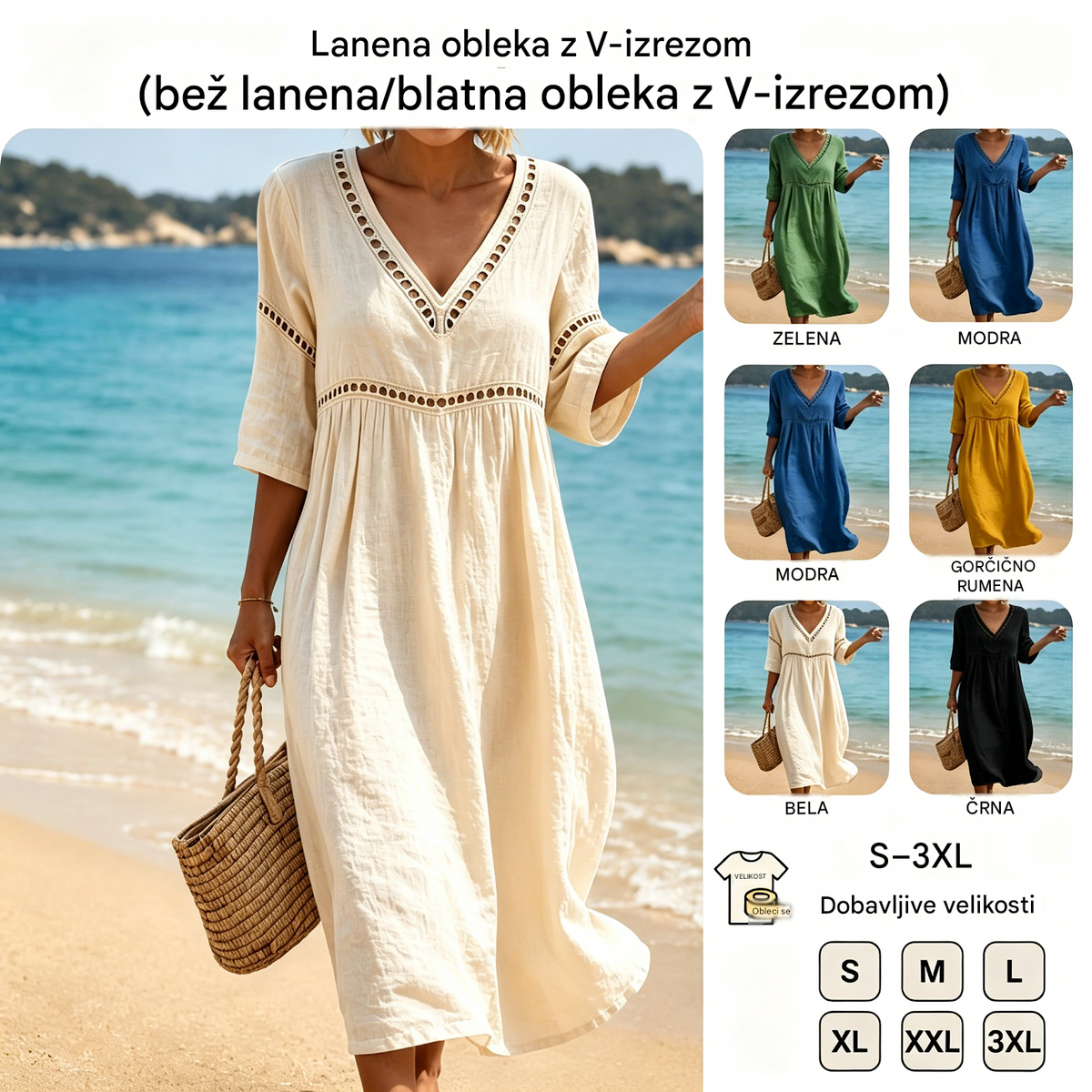👗【S-3XL】Poletna modna bombažno-lanena obleka z V-izrezom, zračna, udobna in vitka