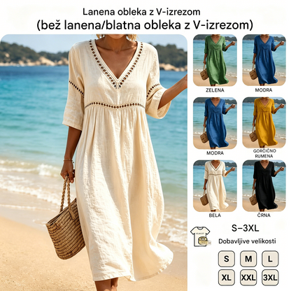 👗【S-3XL】Poletna modna bombažno-lanena obleka z V-izrezom, zračna, udobna in vitka