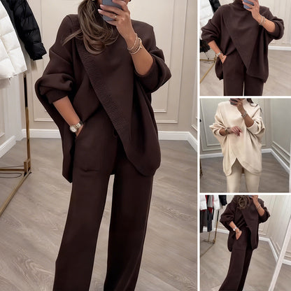 🔥 Novinka! Dámský dvoudílný set: asymetrický svetr + široké kalhoty. Volný střih, měkký a ultra pohodlný materiál 👚 Doprava zdarma ✨