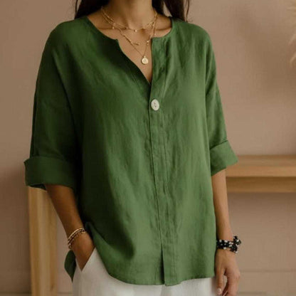 👚 【S-5XL】 Nowa damska koszula z dekoltem w serek — mieszanka bawełny i lnu, zapinana na guziki: prosta i elegancka.
