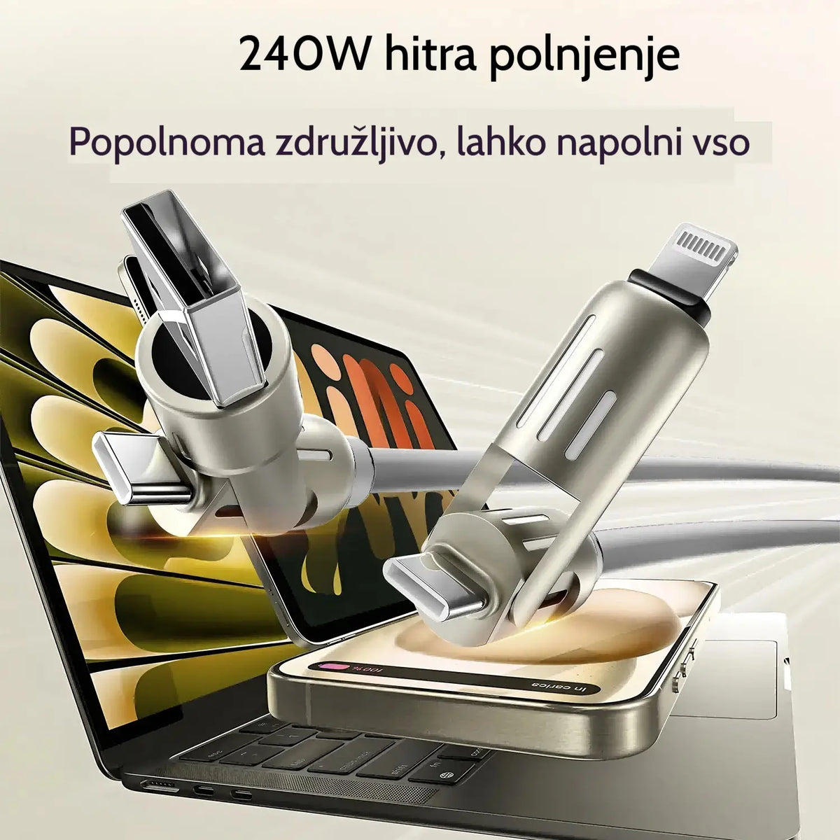 🔥 【2 kosa za 22 evrov】 🔥 (dolžina 2 metra) 4-v-1 kabel PD 240 W – hitro polnjenje USB‑C, Lightning in USB‑A, aluminij in silikon, sinhronizacija podatkov ⚡📱