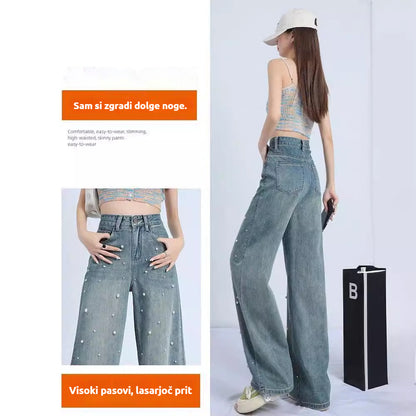 🥇Ženske ravne kavbojke z biseri, ohlapen kroj, modne in elegantne