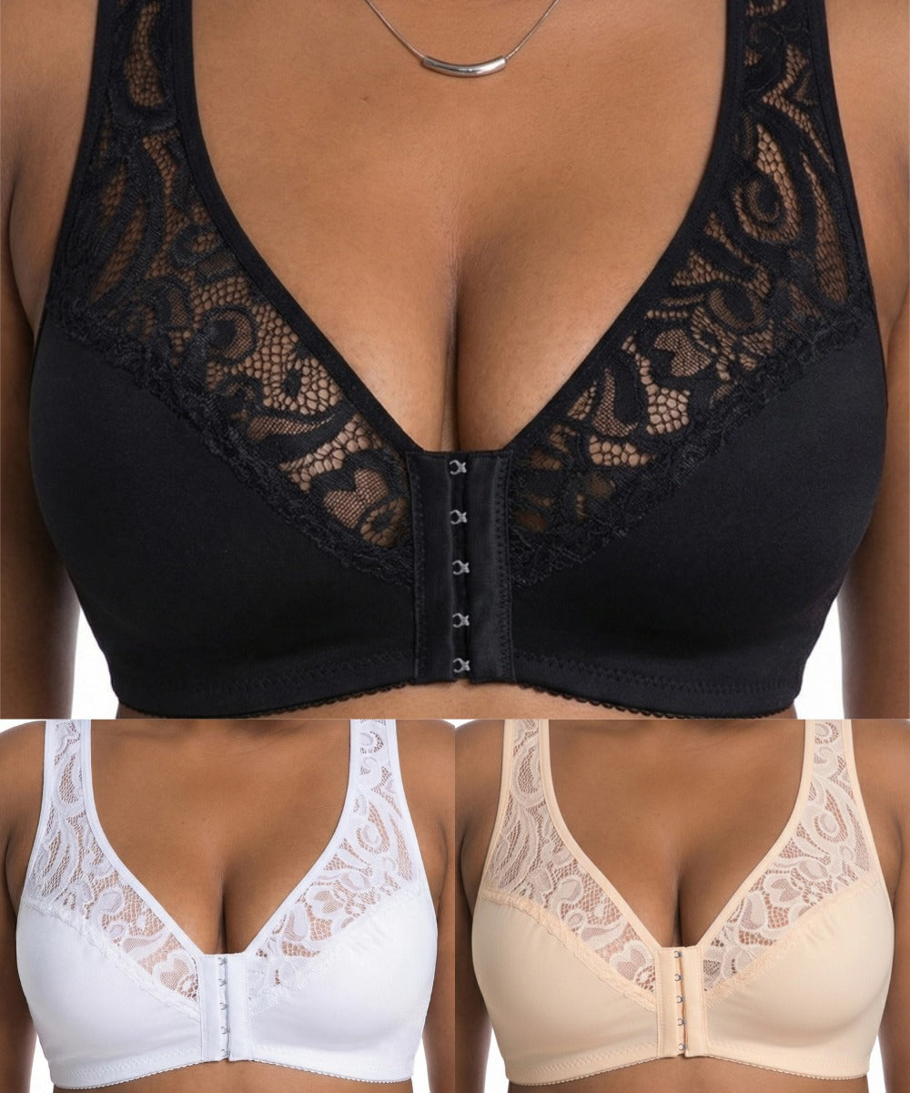 💖Najnižja cena doslej【Komplet 3 kosov】【L-4XL】😍🩲Modrček push-up za večje velikosti, čudovita čipka, push-up in izdolben dizajn, zapenjanje spredaj