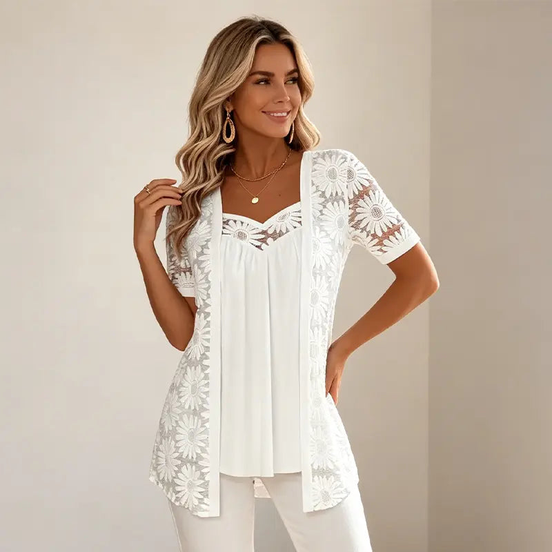 👚 Elegantne bluze z učinkom 2 v 1 s čipko in mrežico – dizajn proti trebuščku za vitko postavo, 5 barv, velikosti S–4XL! 🌸✨