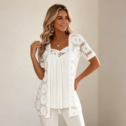 👚 Elegantne bluze z učinkom 2 v 1 s čipko in mrežico – dizajn proti trebuščku za vitko postavo, 5 barv, velikosti S–4XL! 🌸✨