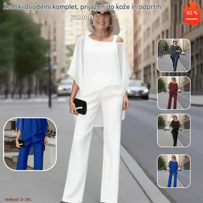 ⏳Časovno omejena ponudba⏰【50–120 KG】👚👖Ženski dvodelni komplet, prijazen do kože z odprtimi rameni✅【Top + hlače】