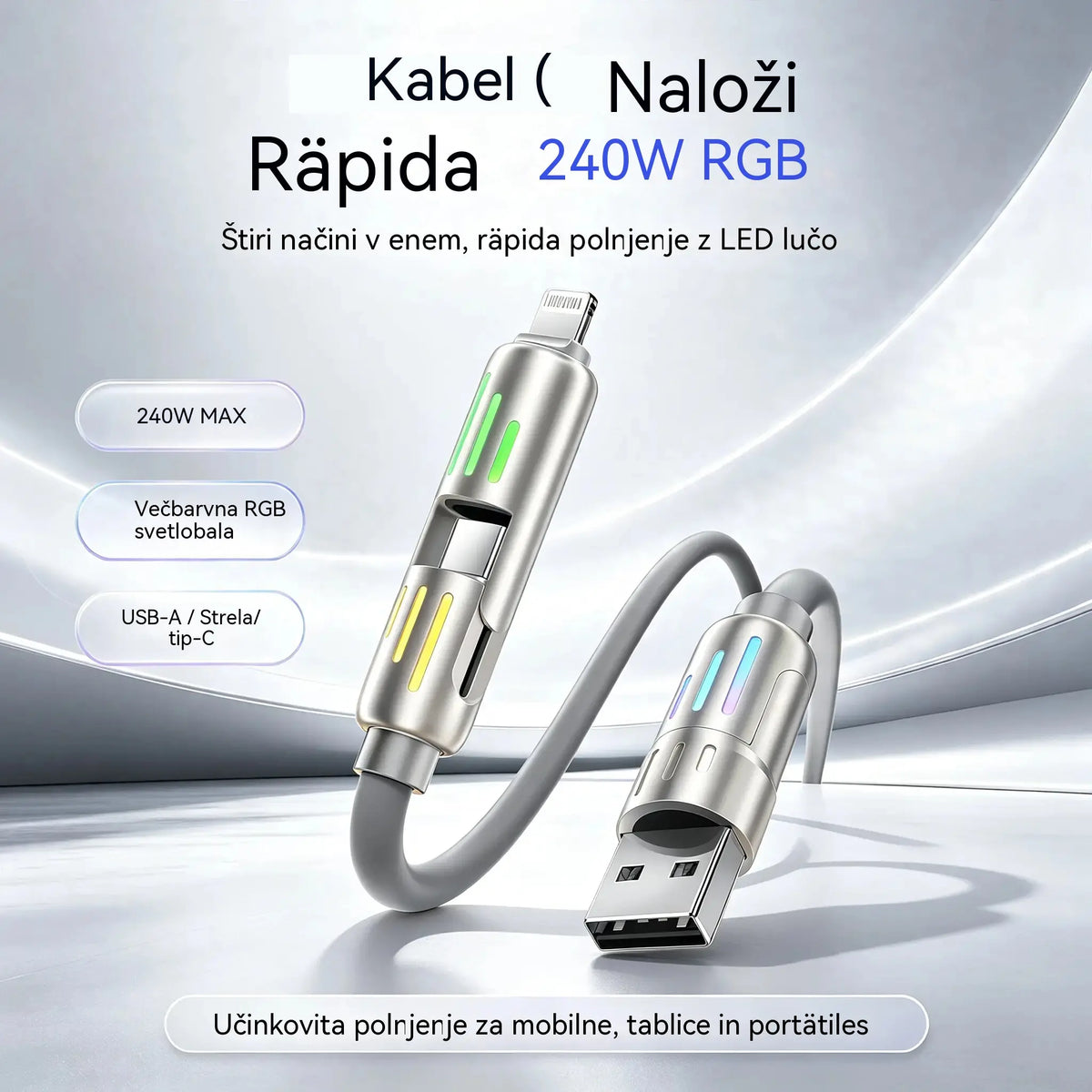 🔥 【2 kosa za 22 evrov】 🔥 (dolžina 2 metra) 4-v-1 kabel PD 240 W – hitro polnjenje USB‑C, Lightning in USB‑A, aluminij in silikon, sinhronizacija podatkov ⚡📱