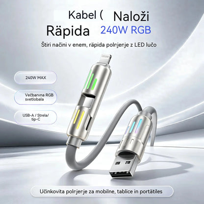 🔥 【2 kosa za 22 evrov】 🔥 (dolžina 2 metra) 4-v-1 kabel PD 240 W – hitro polnjenje USB‑C, Lightning in USB‑A, aluminij in silikon, sinhronizacija podatkov ⚡📱