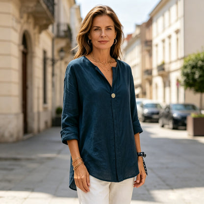 👚 【S-5XL】 Nowa damska koszula z dekoltem w serek — mieszanka bawełny i lnu, zapinana na guziki: prosta i elegancka.