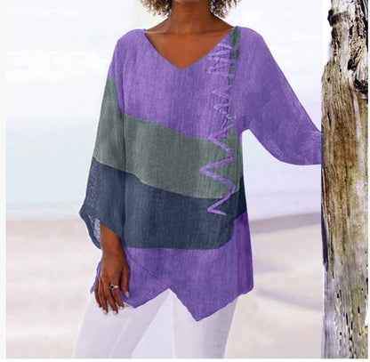 ⏳ Zadnji dan – 50% popust 😍【S~5XL】Ženski eleganten casual top: V-izrez, dolgi rokavi, umetniški vzorec