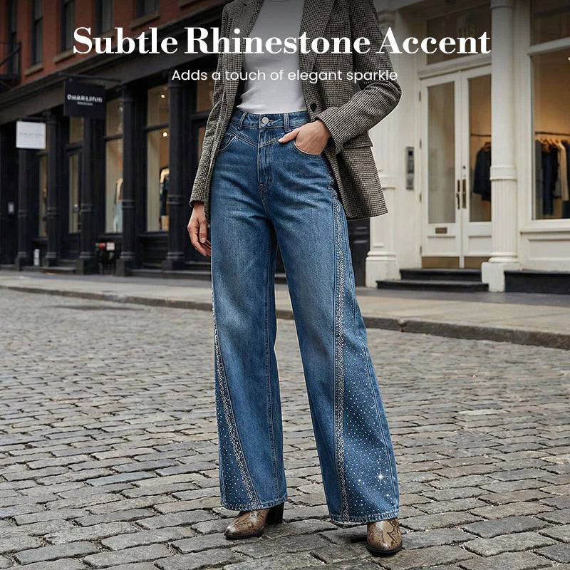 🌼【Specjalna oferta wiosenna】✨Damskie jeansy z szerokimi nogawkami i ćwiekami ze strasu